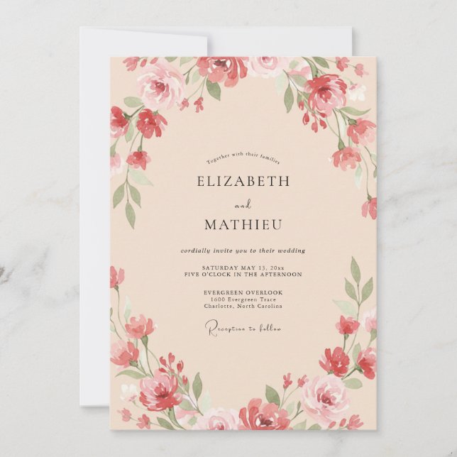 Invitation Mariage Champêtre Fleur de Corail Champagne (Devant)