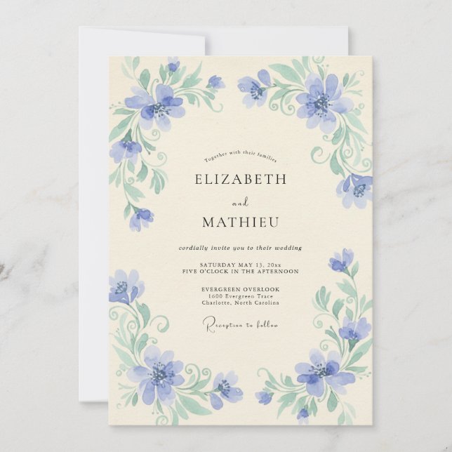 Invitation Mariage Champêtre Fleur de Pervenche (Devant)