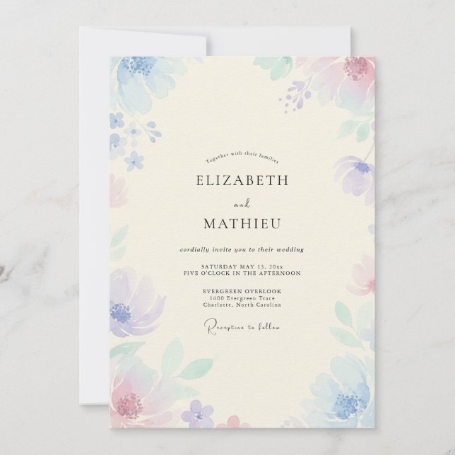Invitation Mariage Champêtre Fleur de Pervenche Pastel (Devant)