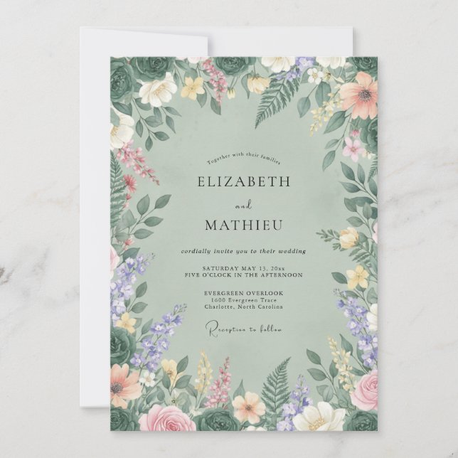Invitation Mariage Champêtre Fleur des Champs Céladon (Devant)