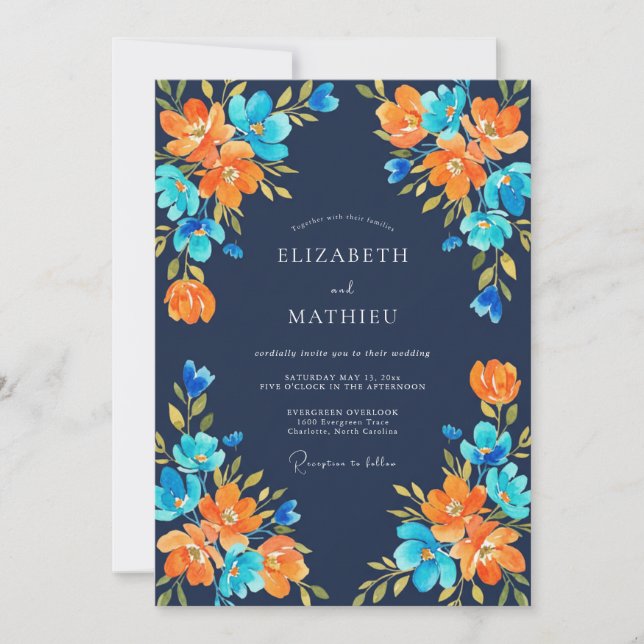 Invitation Mariage Champêtre Fleur Orange Navy (Devant)