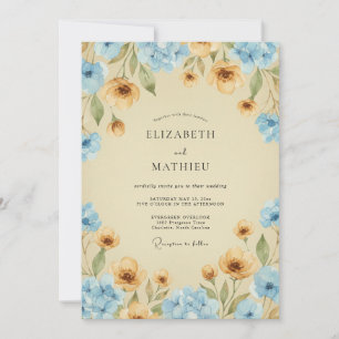 Invitation Mariage Champêtre Fleur Sauvage Azur Ocre