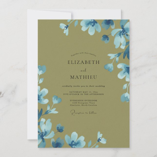 Invitation Mariage Champêtre Fleur Sauvage Azur Olive (Devant)