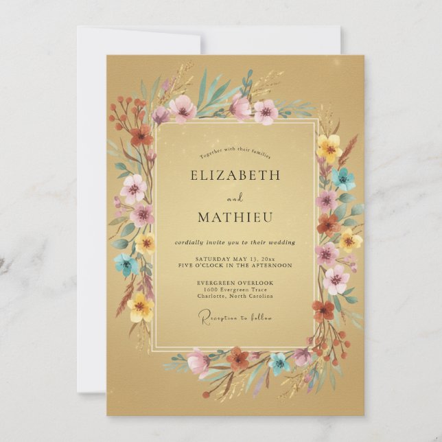 Invitation Mariage Champêtre Fleur Sauvage Dorée (Devant)