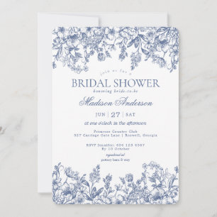 Invitation Mariage Champêtre Fleurie Bleu Chinoiserie Vintage