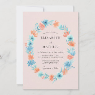 Invitation Mariage Champêtre Fleurie Bleu Corail