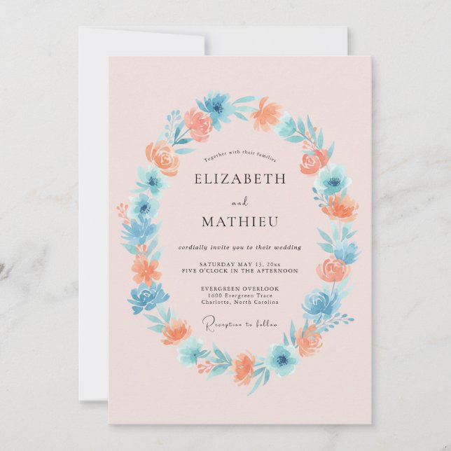 Invitation Mariage Champêtre Fleurie Bleu Corail (Devant)