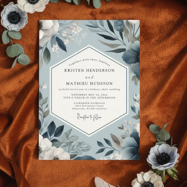 Invitation Mariage Champêtre Fleurie Bleu Poussiéreux (Créateur téléchargé)