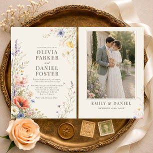 Invitation Mariage Champêtre Fleuris Photo Bohème Coloré
