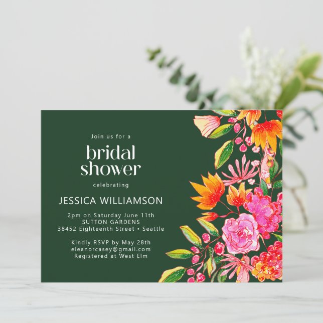 Invitation Mariage Champêtre Fleurs Aquarelle Vert Rose Orang (Debout devant)