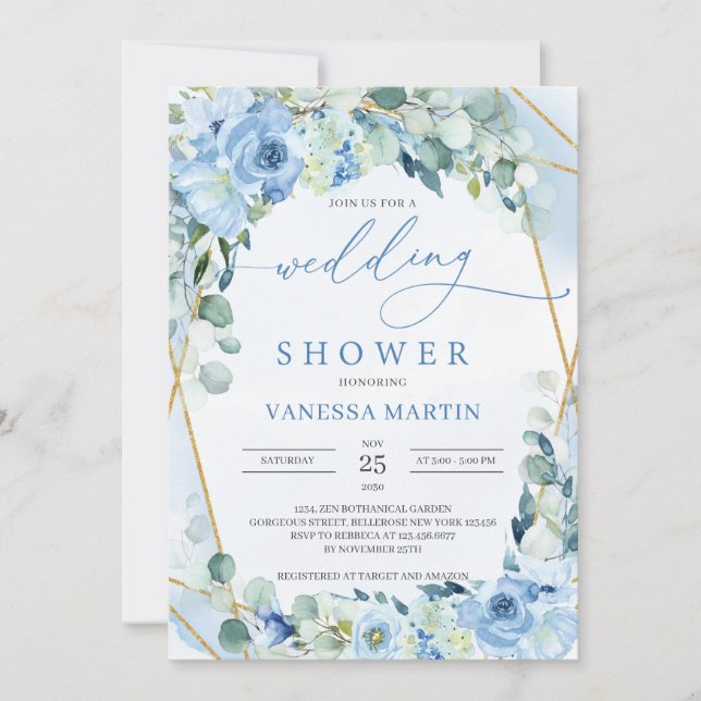 Invitation Mariage Champêtre Fleurs Bleues et Géométrie Dorée (Devant)