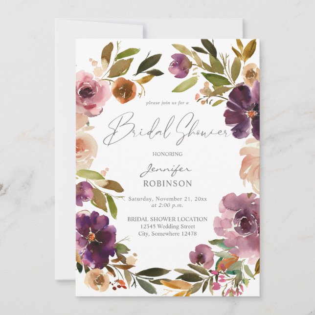 Invitation Mariage champêtre : Fleurs roses et violettes (Devant)