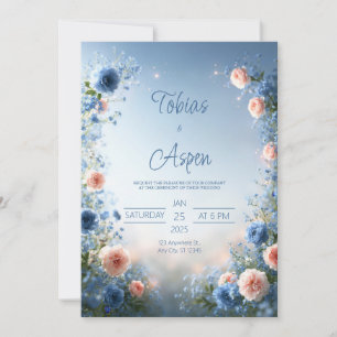 Invitation Mariage Champêtre Floral au Rose Poudre Bleu