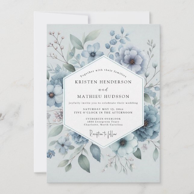 Invitation Mariage Champêtre Floral Bleu (Devant)