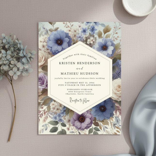 Invitation Mariage Champêtre Floral Bleu Ardoise (Créateur téléchargé)