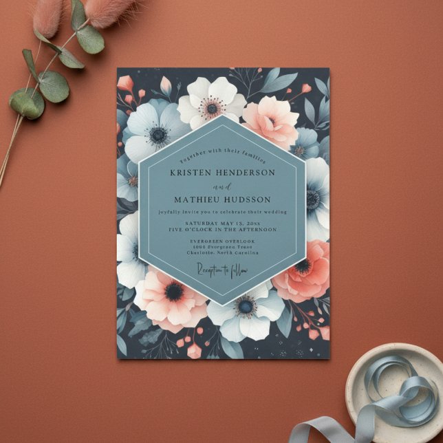 Invitation Mariage Champêtre Floral Bleu Marine (Créateur téléchargé)