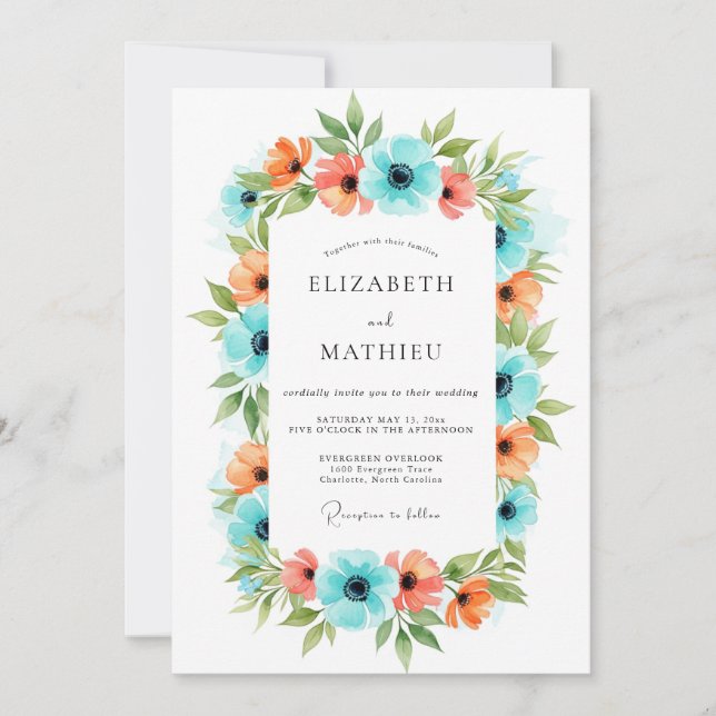 Invitation Mariage Champêtre Floral Corail Sarcelle (Devant)