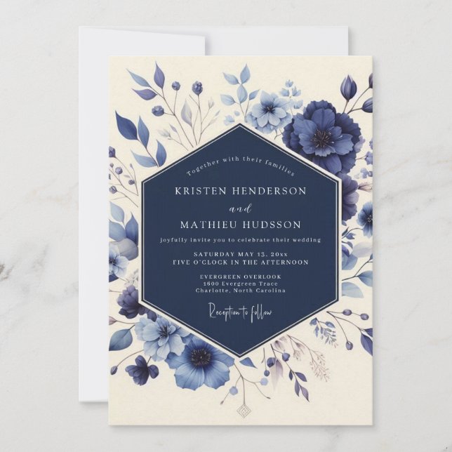 Invitation Mariage Champêtre Floral Navy (Devant)