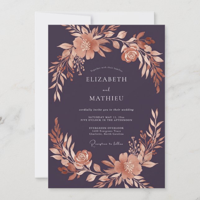 Invitation Mariage Champêtre Floral Prune Embrassant (Devant)