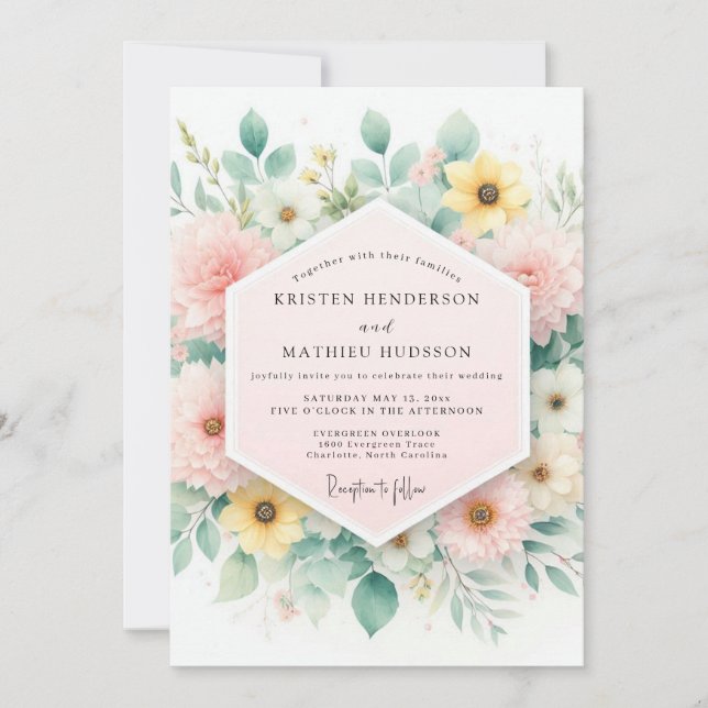 Invitation Mariage Champêtre Floral Rose Pâle (Devant)