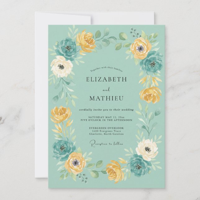 Invitation Mariage Champêtre Floral Turquoise (Devant)