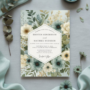 Invitation Mariage Champêtre Floral Vert Sauge