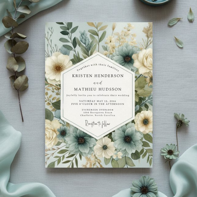 Invitation Mariage Champêtre Floral Vert Sauge (Créateur téléchargé)