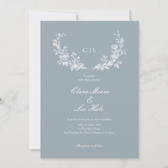 Invitation Mariage Champêtre Français Bleu Ardoise (Devant)