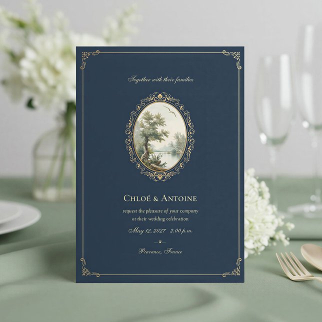 Invitation Mariage champêtre français bleu marine et or (Créateur téléchargé)