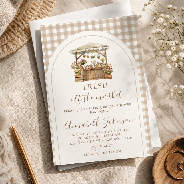 Invitation Mariage Champêtre Gingham Brun Frais du Marché (Créateur téléchargé)
