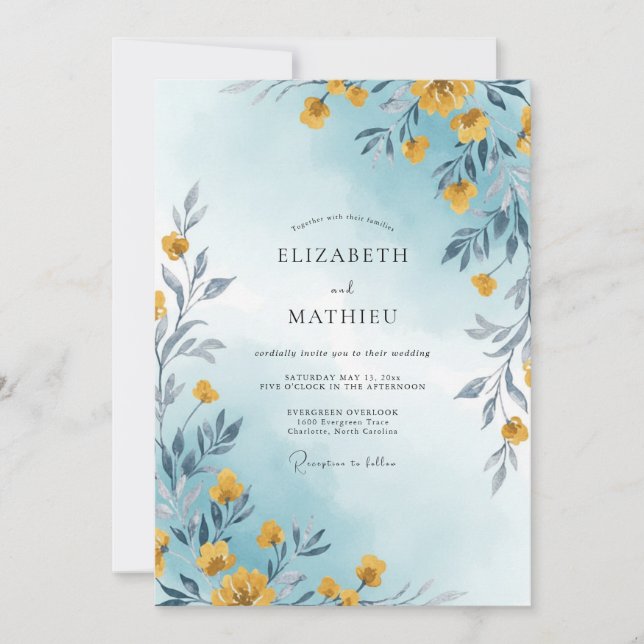 Invitation Mariage Champêtre Jaune Céruléen (Devant)