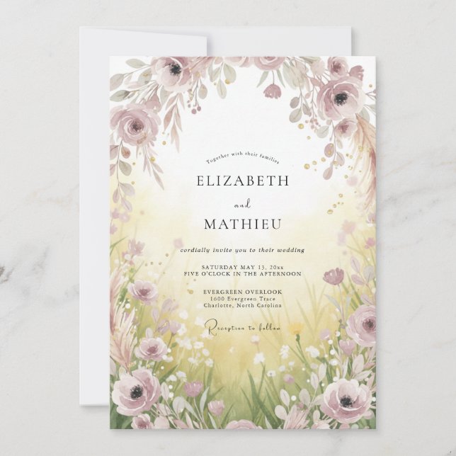 Invitation Mariage Champêtre Jaune Clair avec Fleurs Sauvages (Devant)
