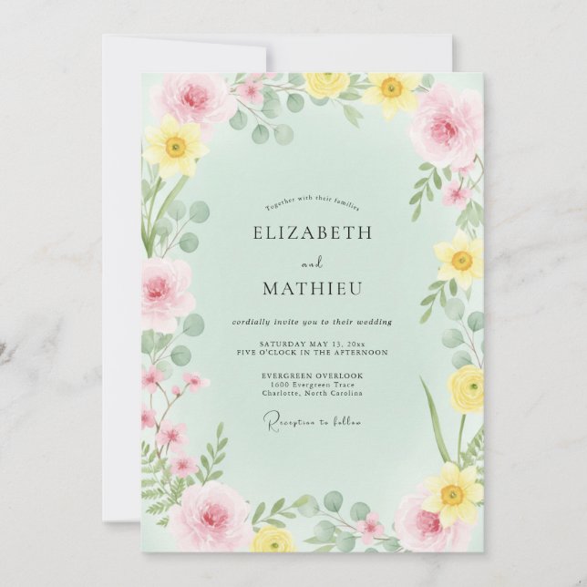 Invitation Mariage Champêtre Jaune Menthe Déllicat (Devant)