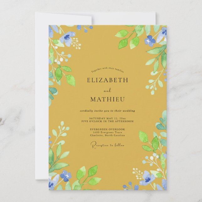 Invitation Mariage Champêtre Jaune Moutarde de Fleur Sauvage  (Devant)