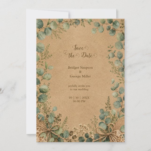 Invitation Mariage champêtre Kraft Eucalyptus dentelle  (Devant)