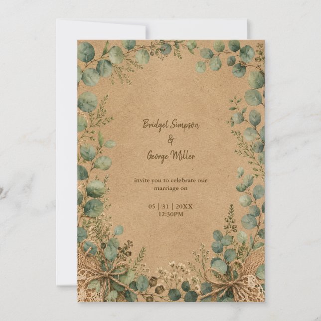 Invitation Mariage champêtre Kraft Eucalyptus dentelle  (Devant)