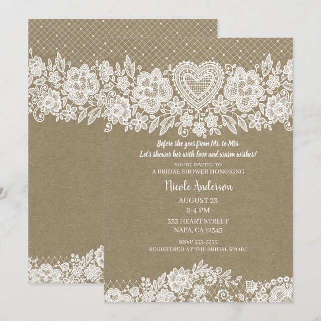 Invitation Mariage Champêtre Kraft & Lace Ferme Grange Baptem (Devant / Derrière)