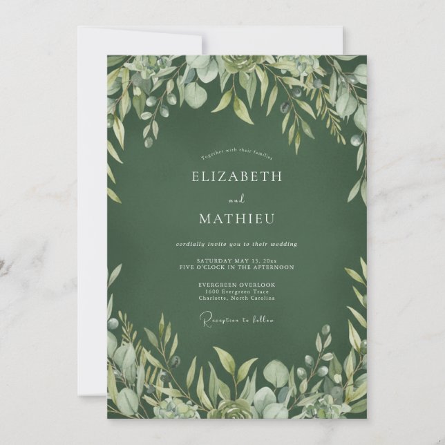 Invitation Mariage champêtre luxuriant de couleur vert chasse (Devant)