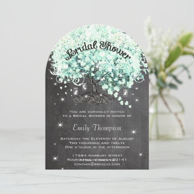 Invitation Mariage Champêtre Mint Ardoise Cœur Arbre (Debout devant)