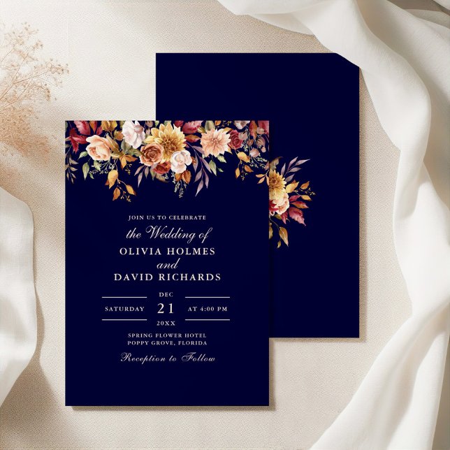 Invitation Mariage Champêtre Moderne aux Teintes Orange Brûlé (Modern Burnt Orange Navy Blue Wildflowers Wedding Invitation on an elegant silky tablecloth)