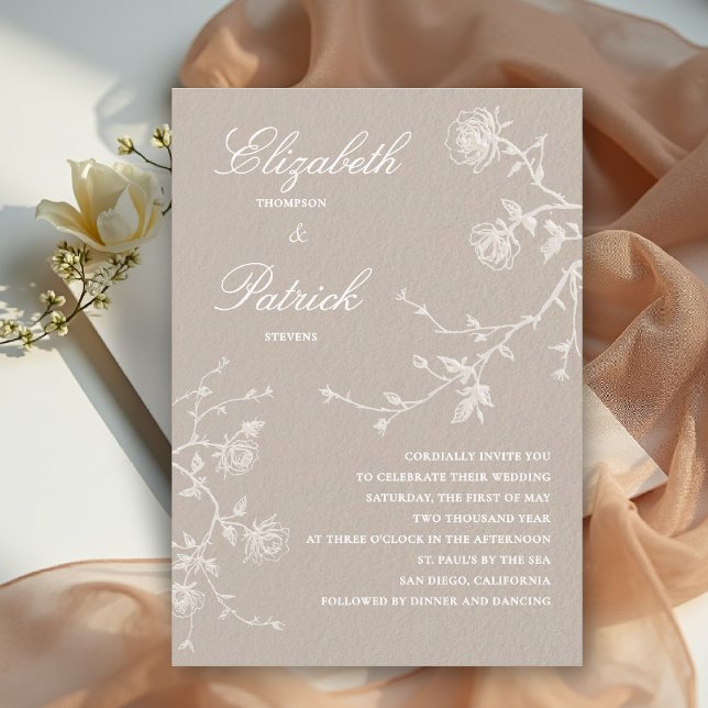 Invitation Mariage Champêtre Moderne Classique Linge de Maiso (modern classic wedding invitation wild roses floral organic linen calligraphy tan beige white)