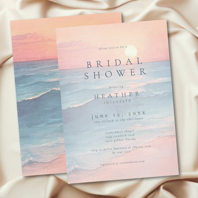 Invitation Mariage Champêtre Moderne Océan Coucher de Soleil  (Modern Ocean Sunset Watercolor Beach Bridal Shower Invitation)