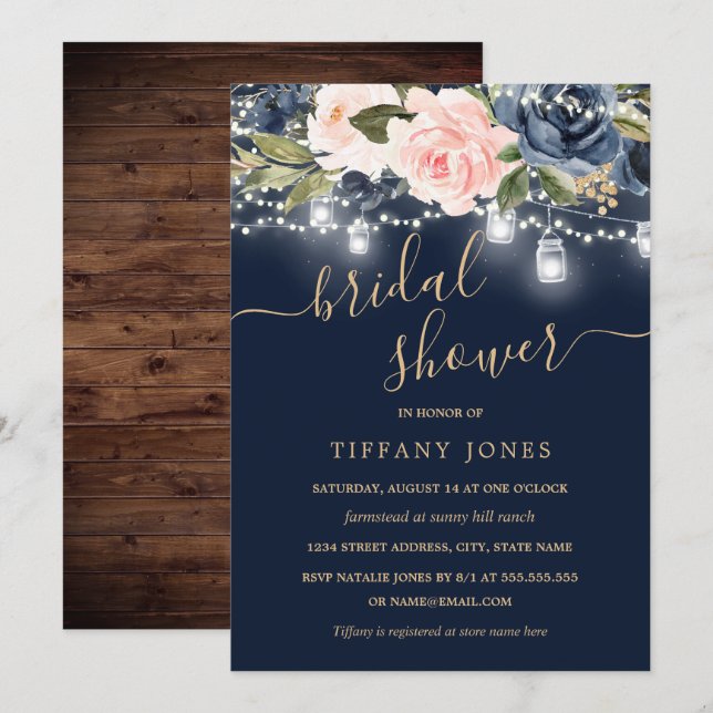 Invitation Mariage Champêtre Navy Blush Gold Floral (Devant / Derrière)