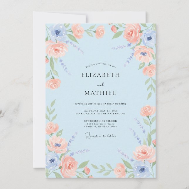 Invitation Mariage Champêtre Pastel Bleu Clair (Devant)