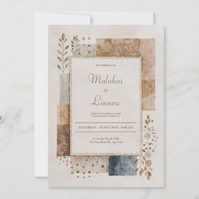 Invitation Mariage Champêtre Patchwork Toile de Jute Feuille  (Devant)