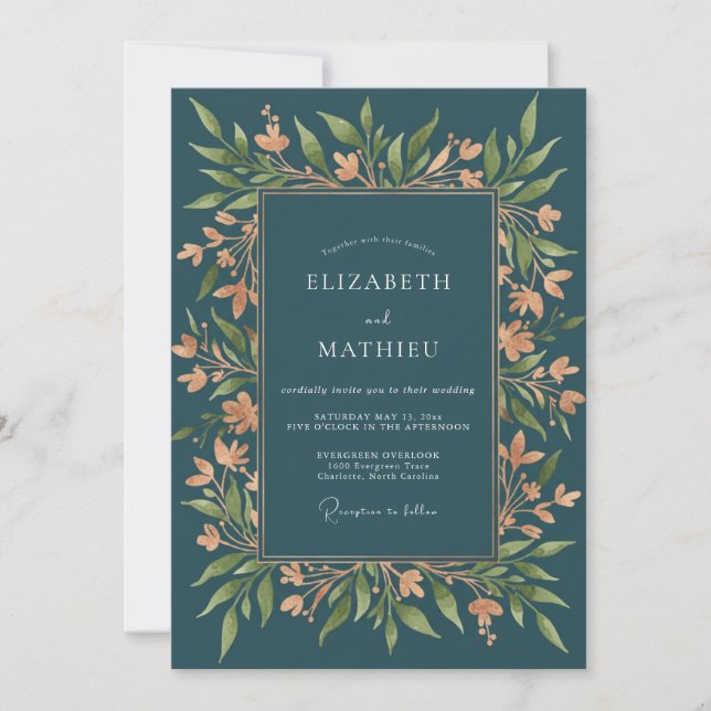 Invitation Mariage Champêtre Raffiné Bleu Turquoise (Devant)