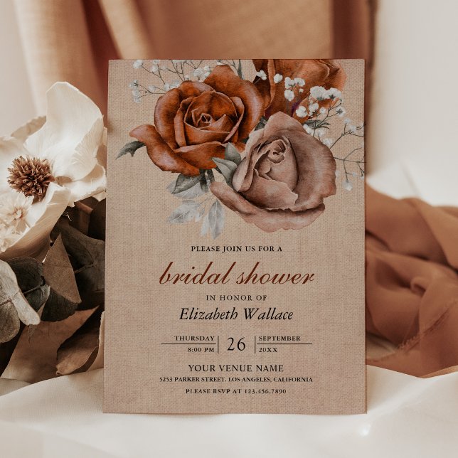 Invitation Mariage Champêtre : Roses Orange Brûlé sur Toile d (Créateur téléchargé)