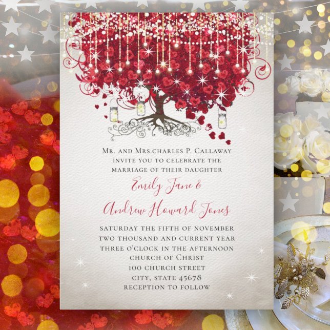 Invitation Mariage Champêtre Rustique Pot Mason Rouge & Arbre (Créateur téléchargé)