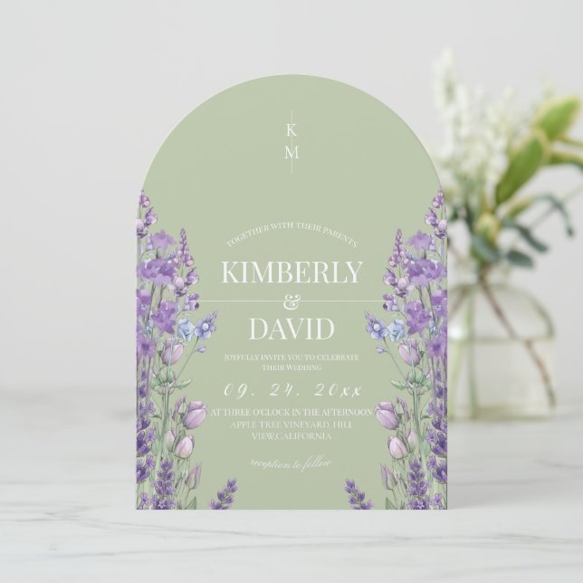 Invitation Mariage champêtre sauvage sage violet (Debout devant)