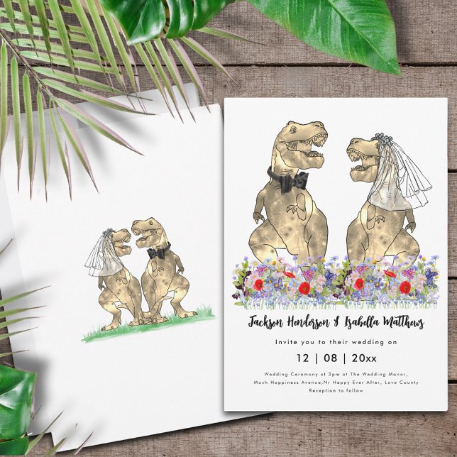Invitation Mariage Champêtre Thème Dinosaure (Dinosaur themed wedding invitation with T-Rex bride and groom with colorful prehistoric wildflowers)